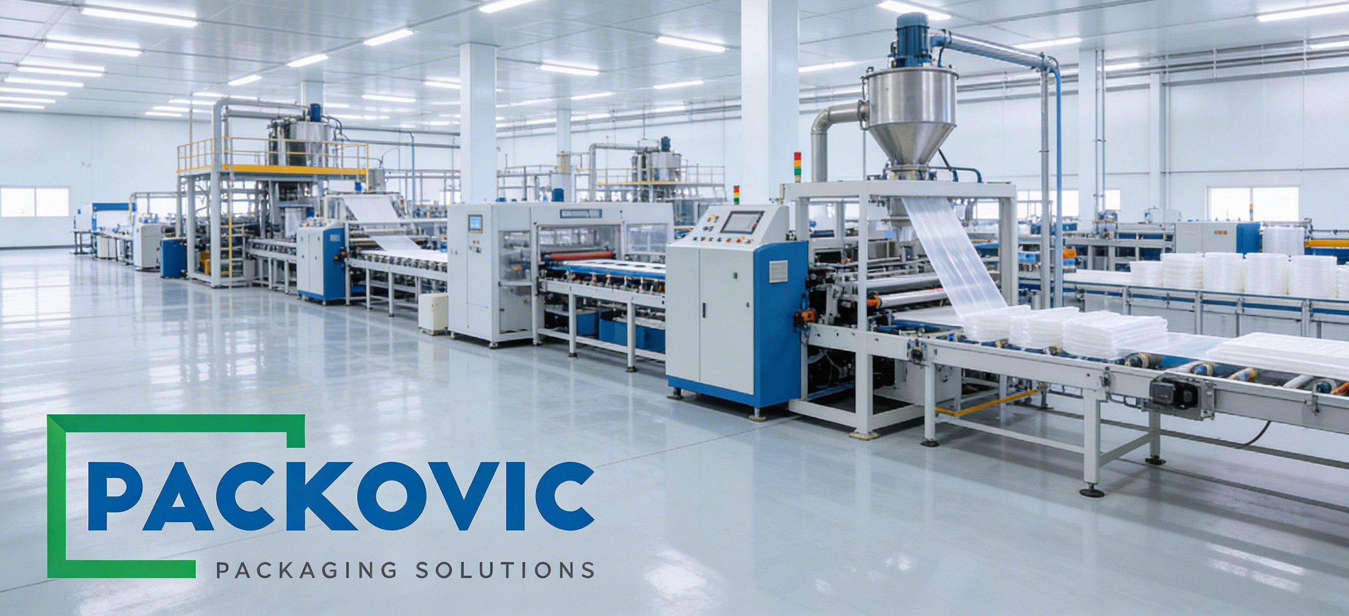 modern industrial biodegradable plastic manufacturing facility in Oman, large production floor with advanced machinery, professional industrial photography, wide angle, bright lighting, high resolution